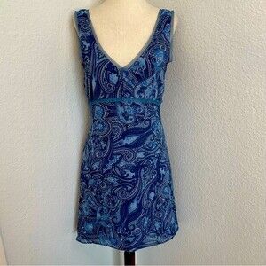 Old Navy Blue Dress V Neck Net Lace Detail Paisley Floral Lightweight Slvls SZ 4